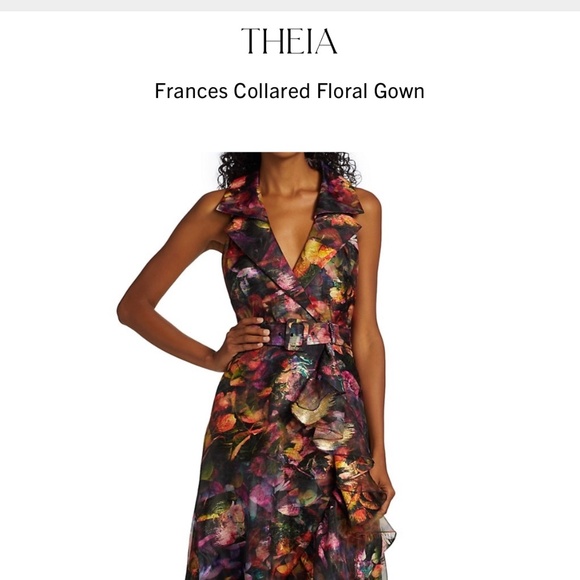 Theia Frances Collared Floral Gown, Size 8 (fits size 6 with belt), worn ONCE - Picture 3 of 6